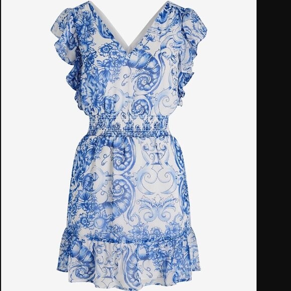 NWT Express Printed V-Neck Flutter Sleeve Smocked Waist Mini Dress, XL - Picture 3 of 6